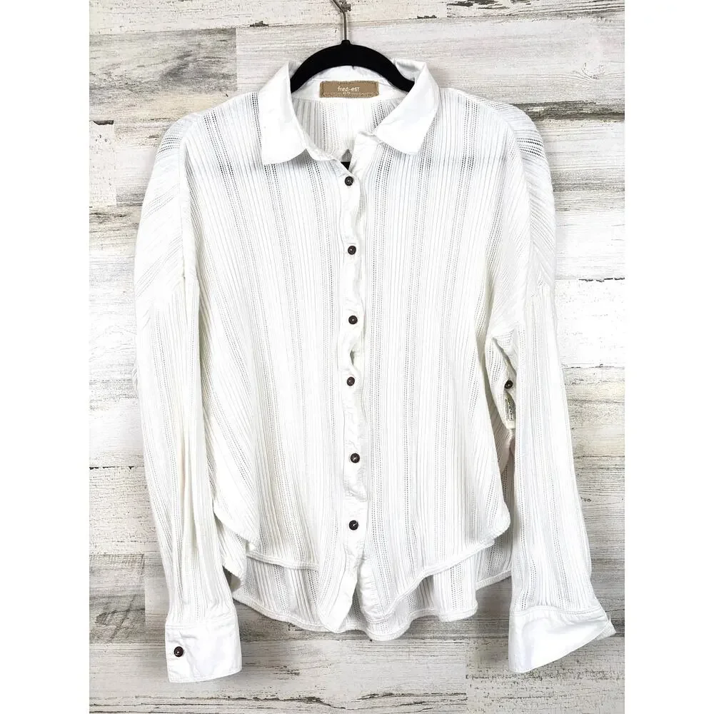 Free People Free-Est Womens XS White Oversized Cotton Button Up Top Boho